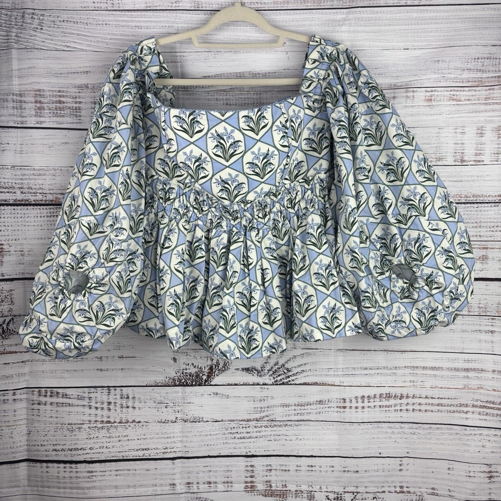 AGUA BY AGUA BENDITA Jamaica Off-The-Shoulder Balloon Floral Top L Celeste READ - Picture 2 of 16